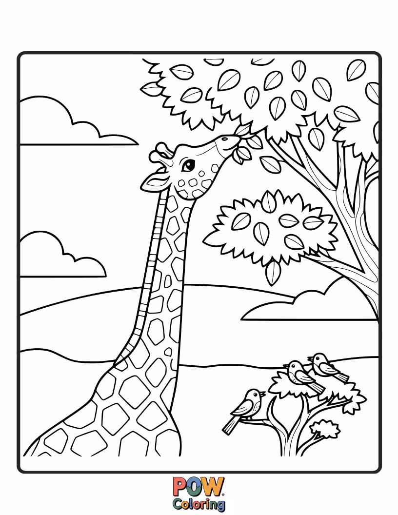 Free coloring page of A tall, goofy giraffe trying to reach a high-hanging Easter egg on a tree branch.