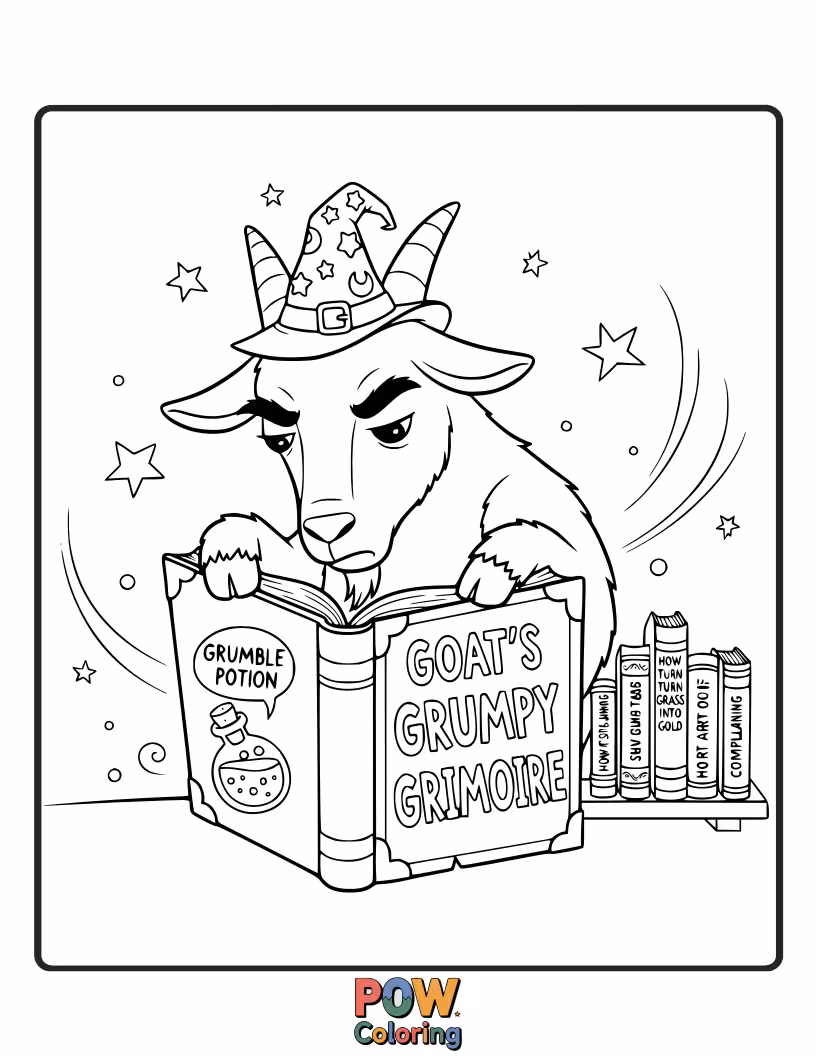 Free coloring page of A fluffy, white goat is trying to eat a wizard's spellbook, looking very unimpressed with the magical writings.