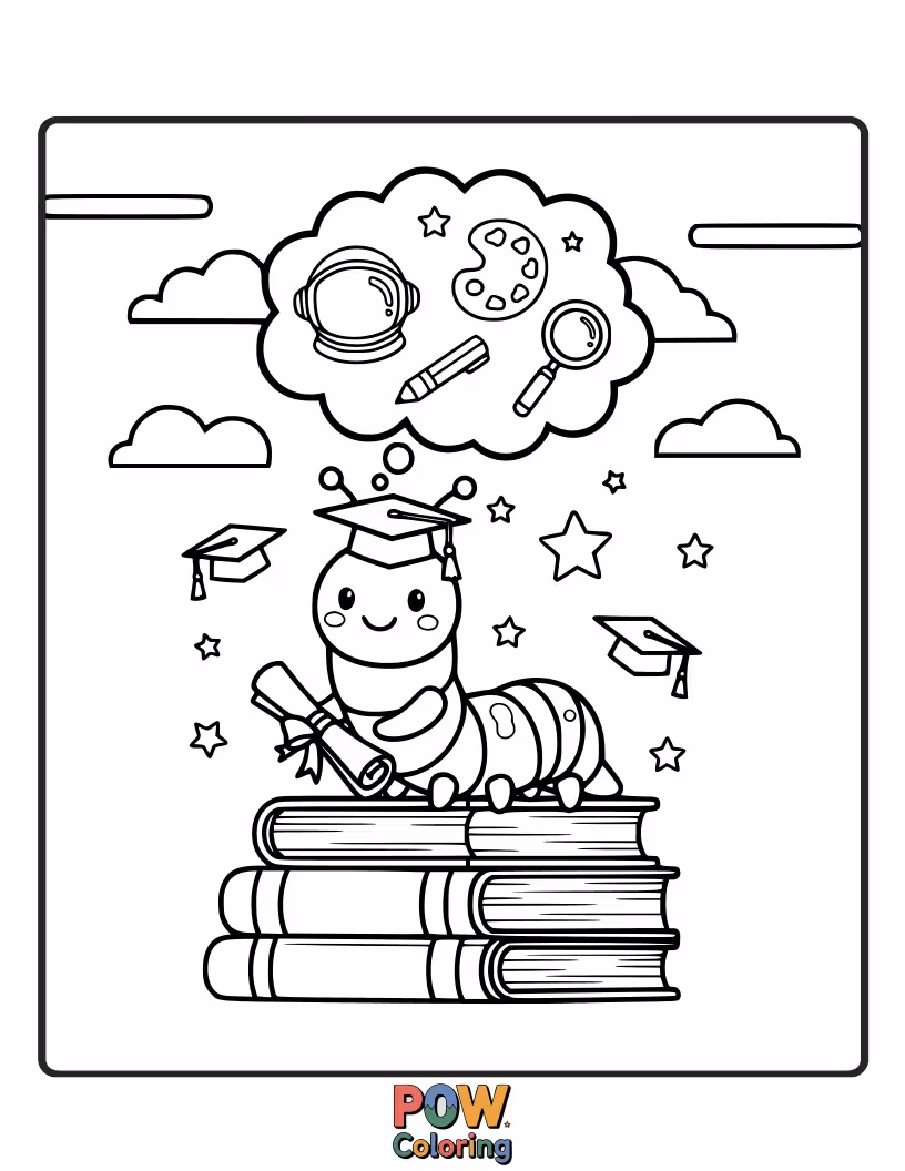 Free coloring page of An adorable little bookworm sporting a graduation cap, surrounded by stacks of books, dreaming of all the knowledge yet to discover.