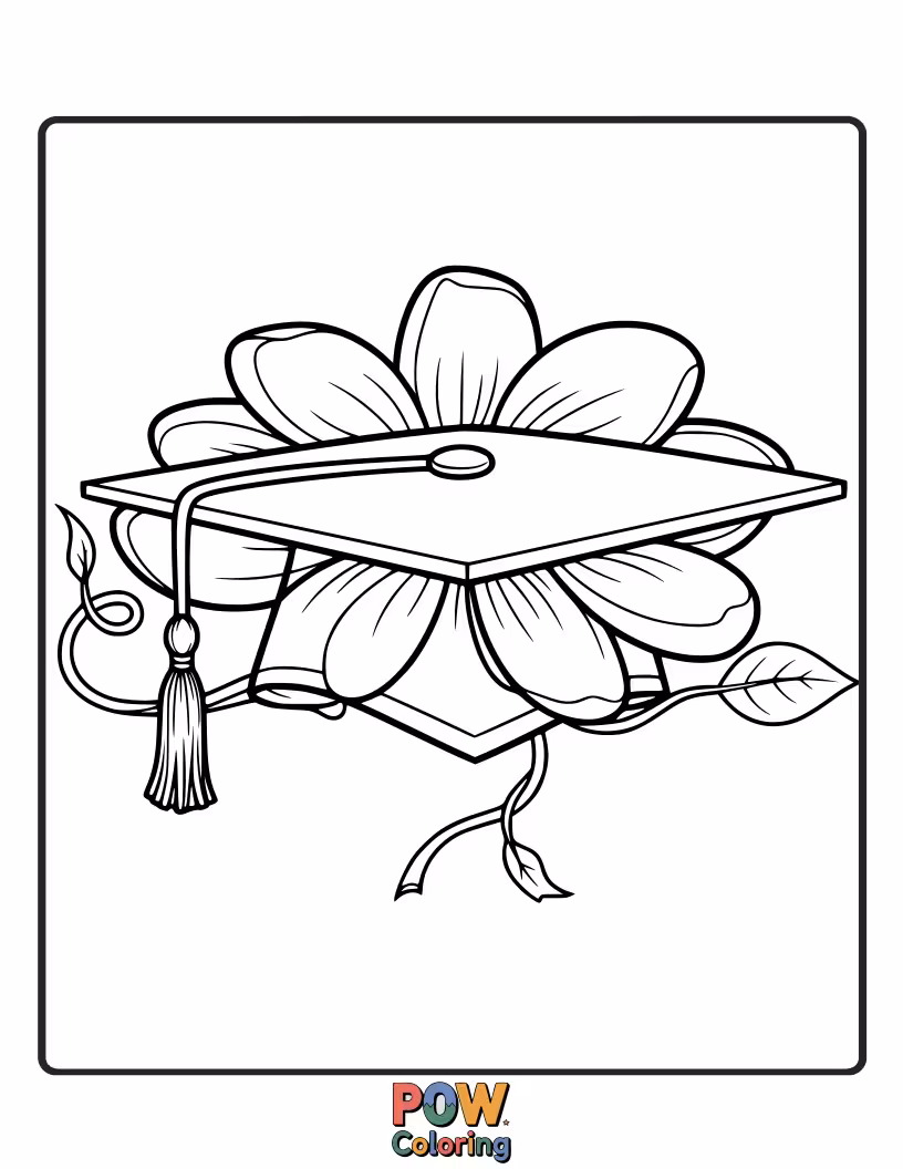 Free coloring page of A whimsical graduation cap overflowing with colorful flowers, symbolizing new growth and future possibilities blooming brightly.