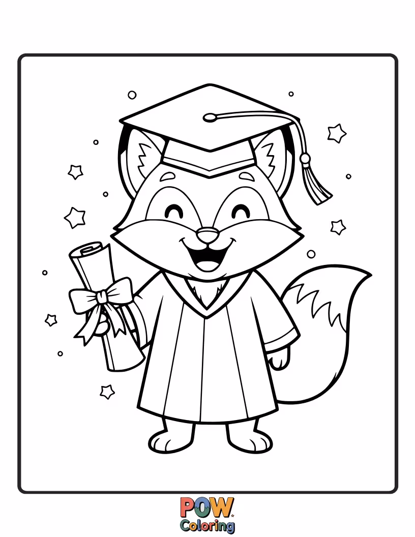 Free coloring page of A foxy character with a graduation cap, holding a diploma, looking proud and ready to embrace new challenges.