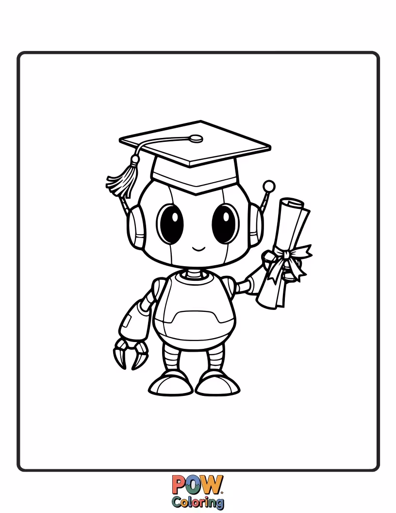 Free coloring page of A friendly robot adorned with a graduation cap, holding a glowing lightbulb, representing innovation and future brilliance.