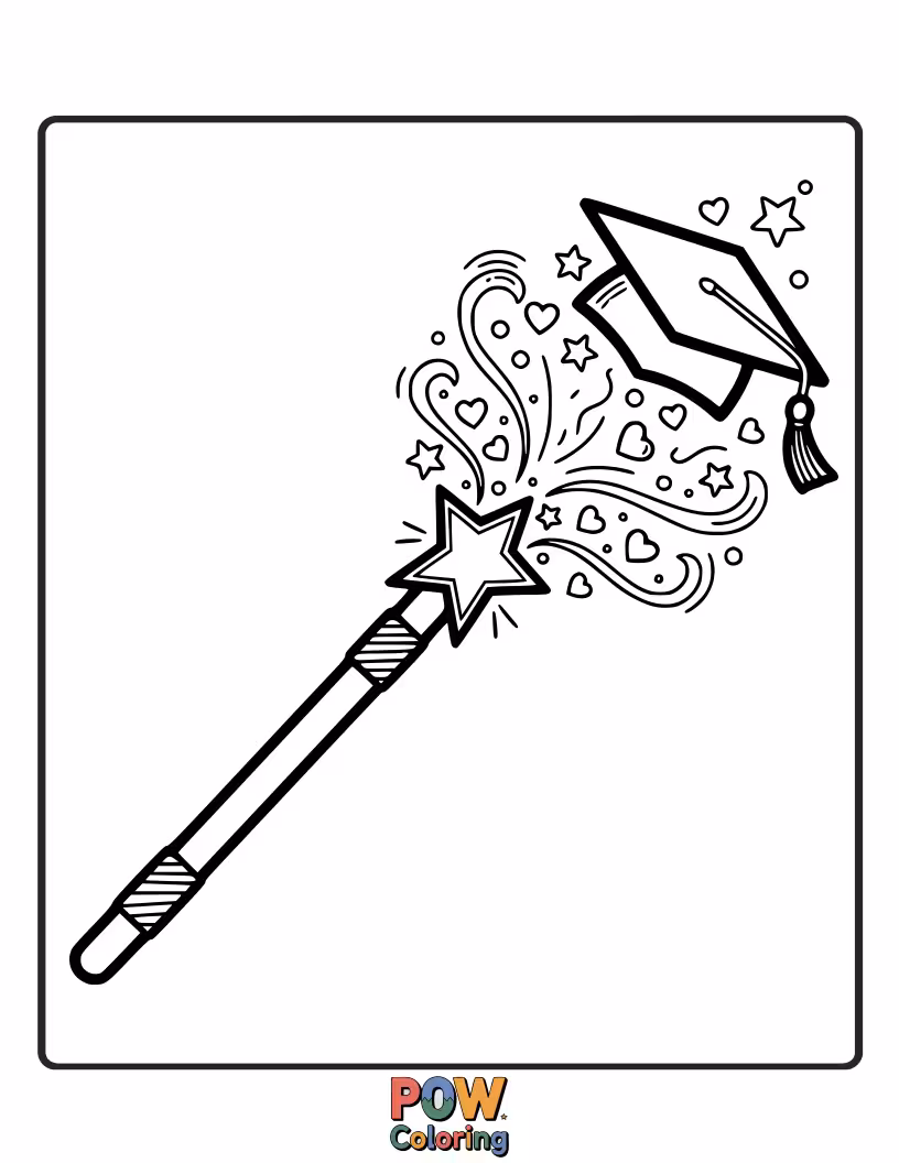 Free coloring page of A sparkling magic wand topped with a graduation cap, ready to cast spells of success and new beginnings.