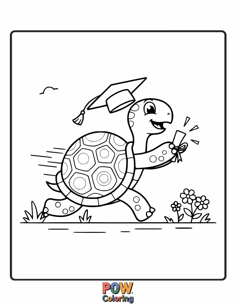 Free coloring page of A determined turtle with a graduation cap, slowly but surely completing its journey, symbolizing perseverance and success.