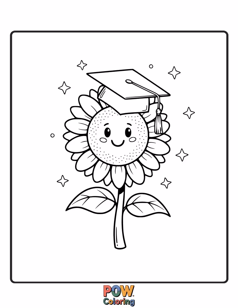 Free coloring page of A vibrant sunflower with a graduation cap, standing tall and proud, symbolizing growth, positivity, and bright achievements.