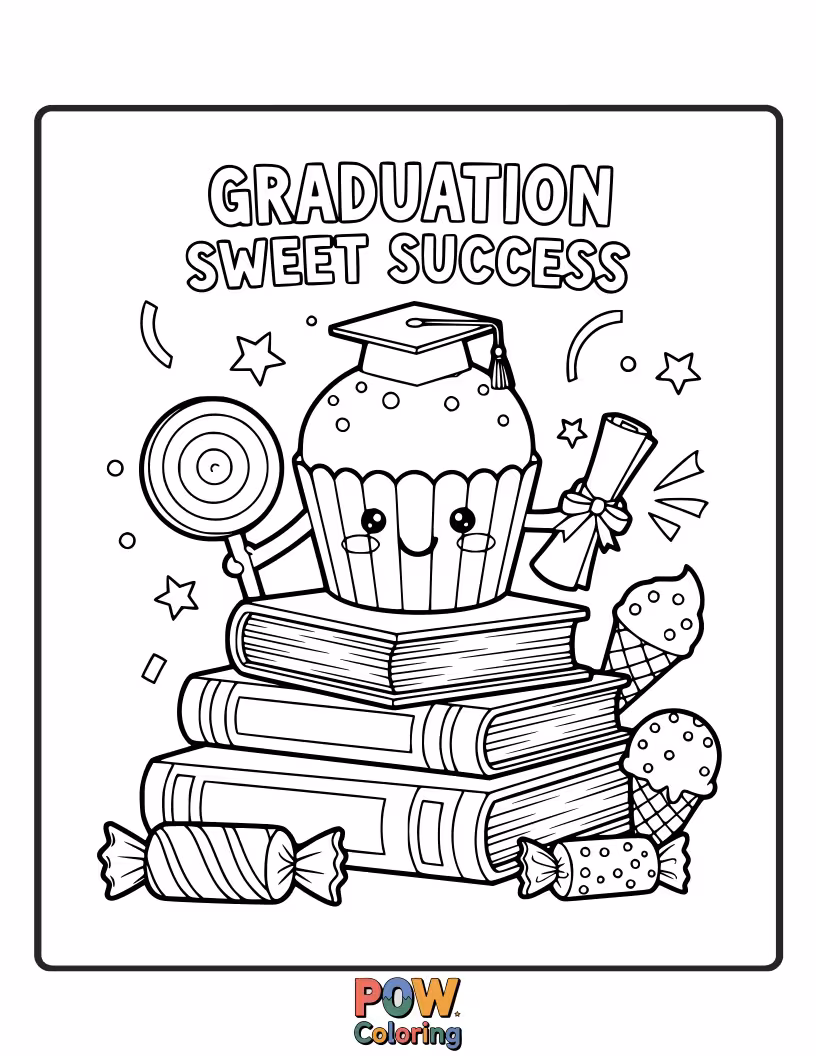 Free coloring page of A delicious-looking graduation cap cupcake with sprinkles, a sweet symbol of hard work and the joy of achievement.