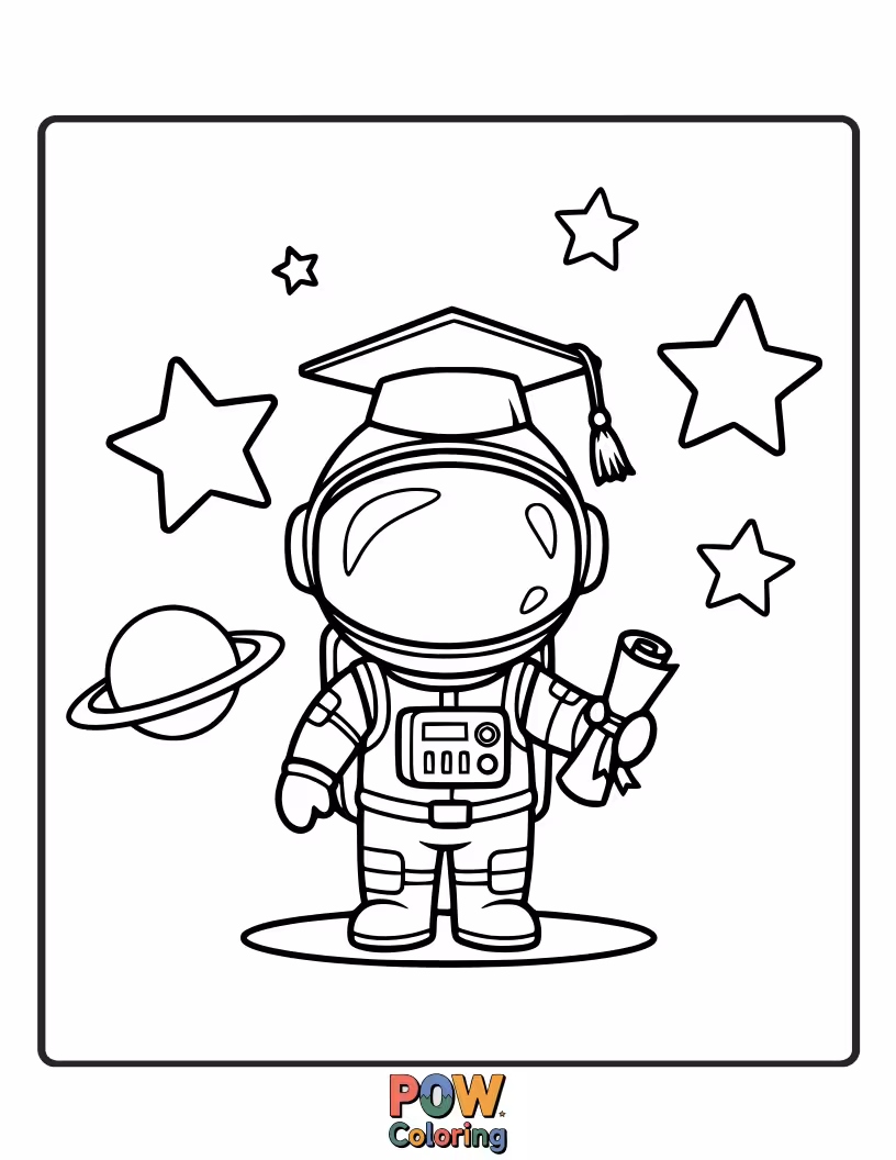 Free coloring page of A little astronaut in a space suit, sporting a graduation cap, floating among planets, ready to explore new worlds.