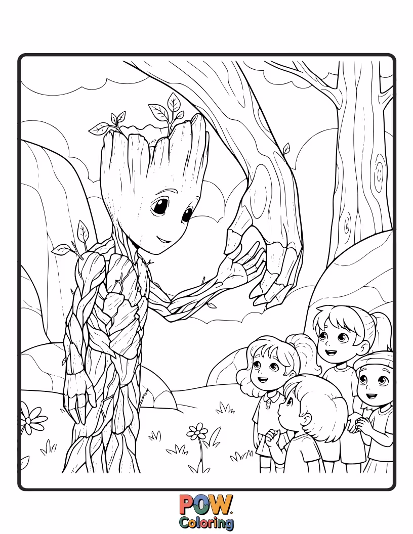 Free coloring page of Color the lovable Groot in various stages of growth, perhaps with small flowers or vines.