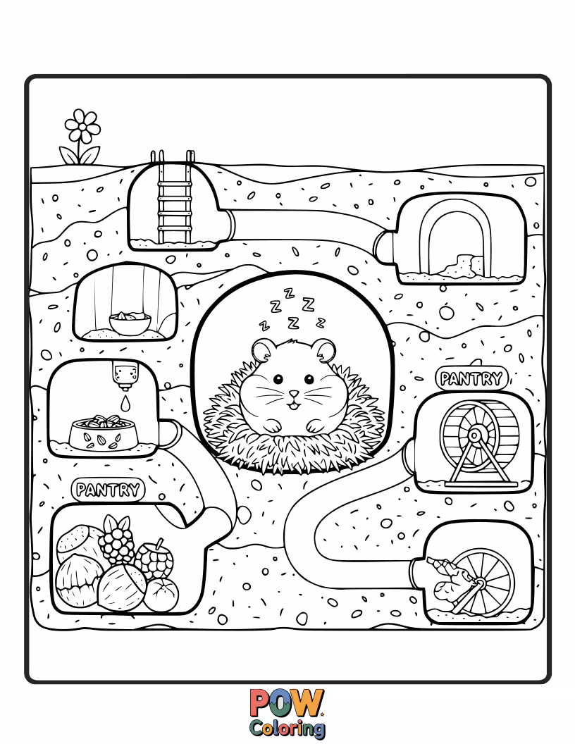 Free coloring page of A contented hamster nestled in a warm, handcrafted burrow filled with soft bedding and tiny lanterns.