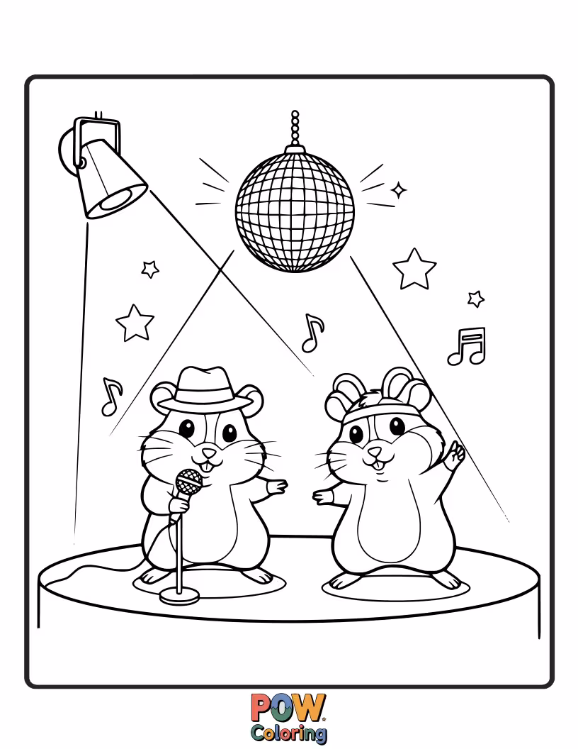 Free coloring page of Two energetic hamsters performing a dynamic dance-off, with disco lights and groovy music notes all around.