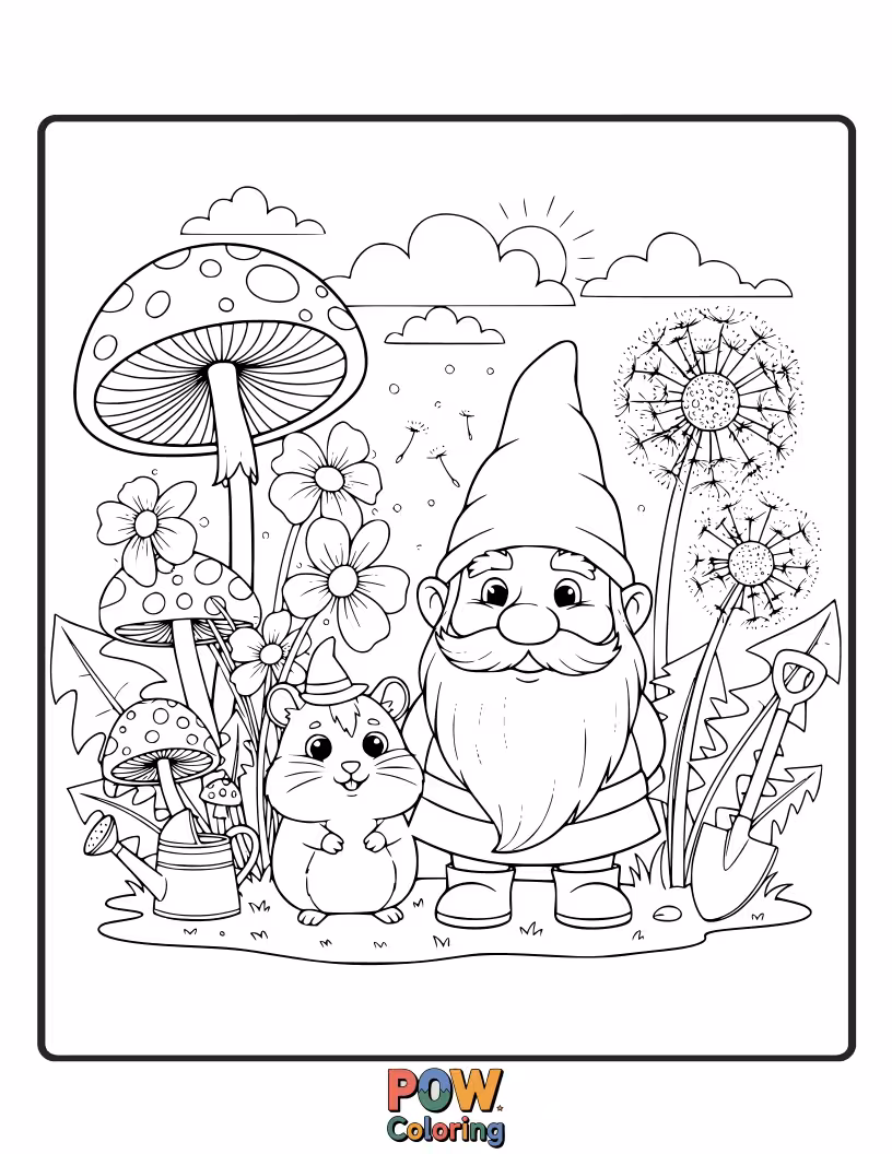 Free coloring page of A whimsical hamster dressed as a tiny garden gnome, holding a miniature shovel and mushroom.