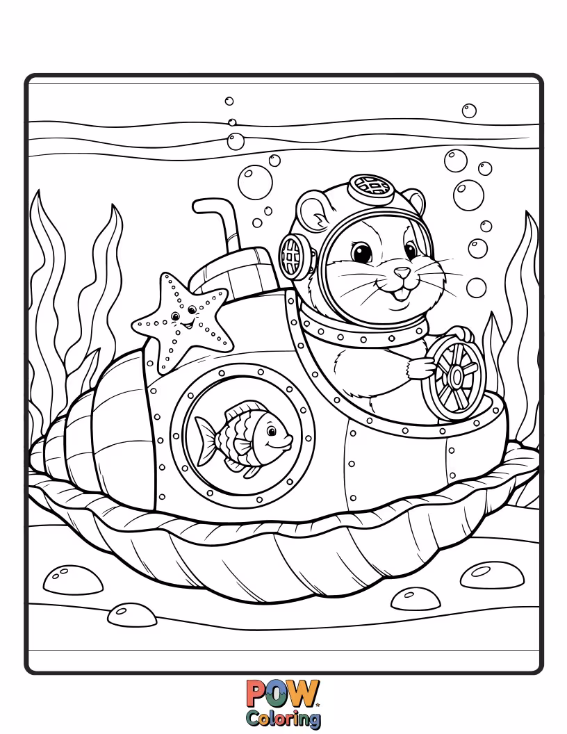 Free coloring page of An adventurous hamster wearing a tiny snorkel and mask, exploring colorful coral reefs and friendly fish.