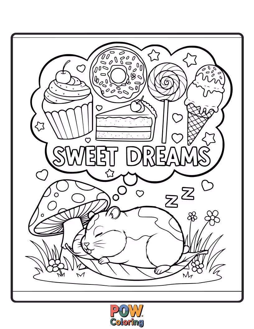 Free coloring page of A tiny hamster sleeping soundly inside a giant, decorated donut, surrounded by sugary sprinkles and frosting.