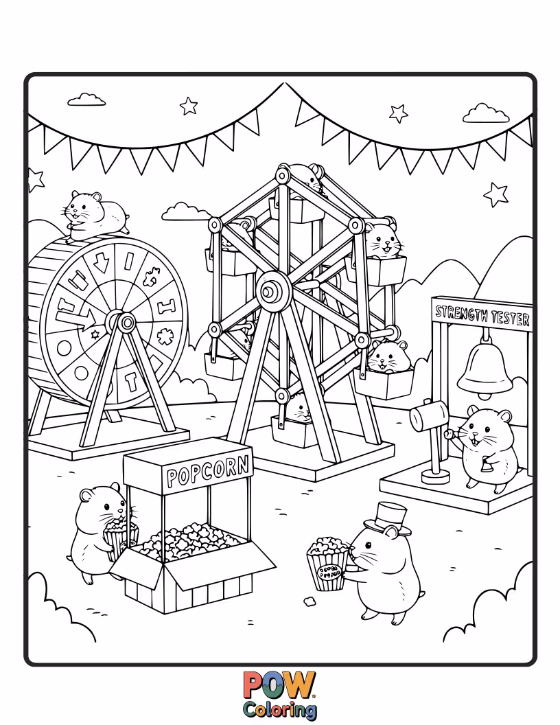 Free coloring page of A delighted hamster enjoying a ride on a miniature Ferris wheel at a charming, bustling carnival.