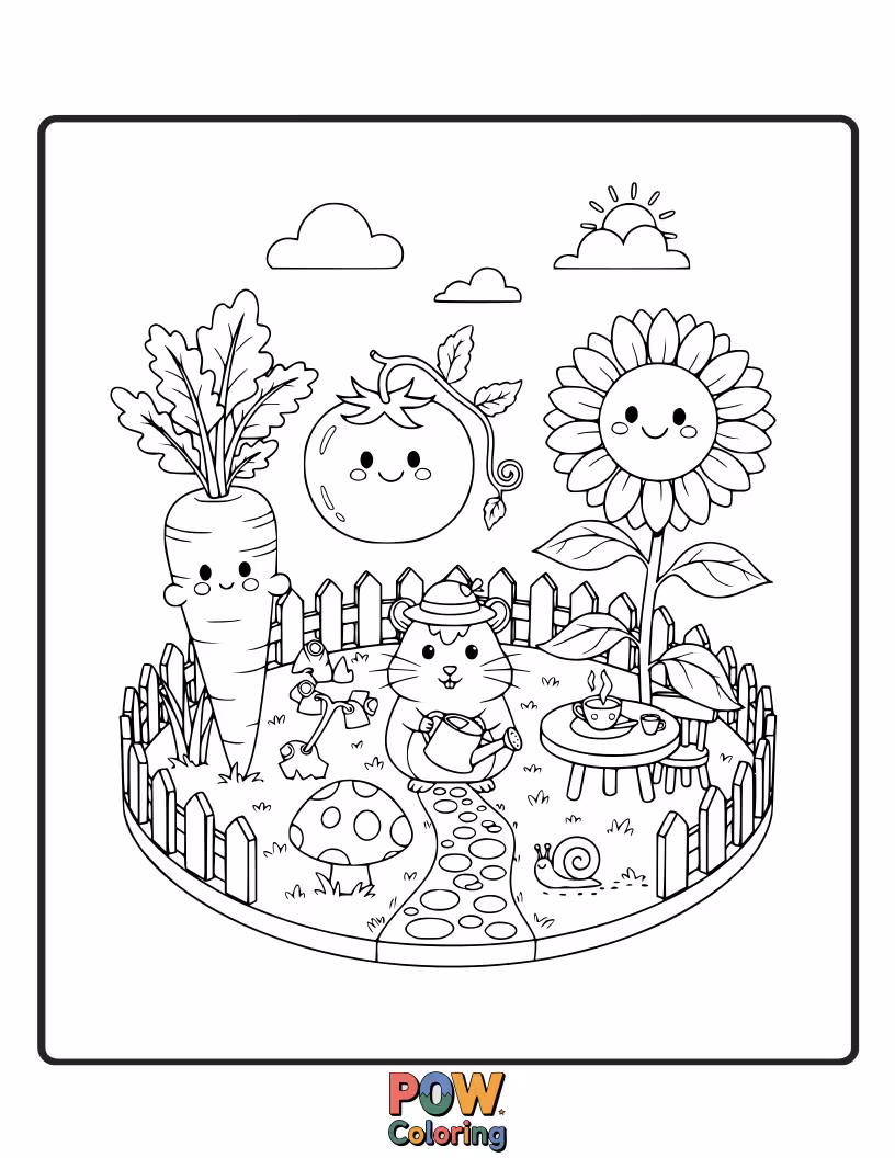Free coloring page of A curious hamster tending to a miniature garden filled with oversized flowers, tiny vegetables, and dewdrop watering cans.