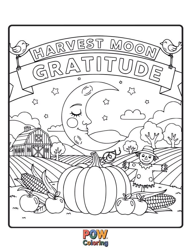 Free coloring page of A charming owl perched on a branch under a big, smiling harvest moon, looking down at a peaceful farm. Cozy and calm.