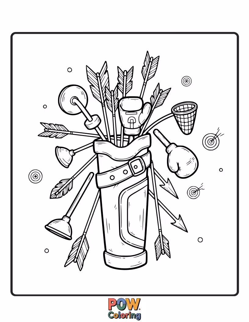 Free coloring page of Illustrate a detailed quiver packed with various types of arrows, ready for any situation.
