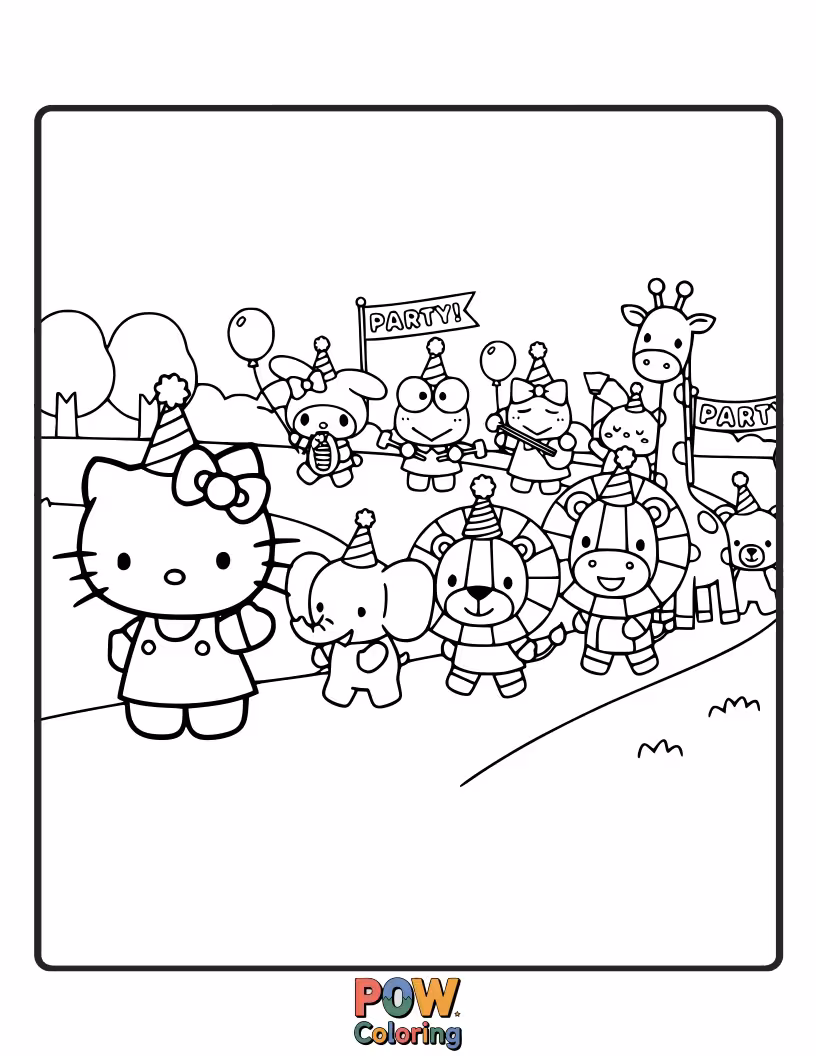Free coloring page of Hello Kitty leads a cheerful parade of her animal friends, each adorned with festive party hats and decorations.