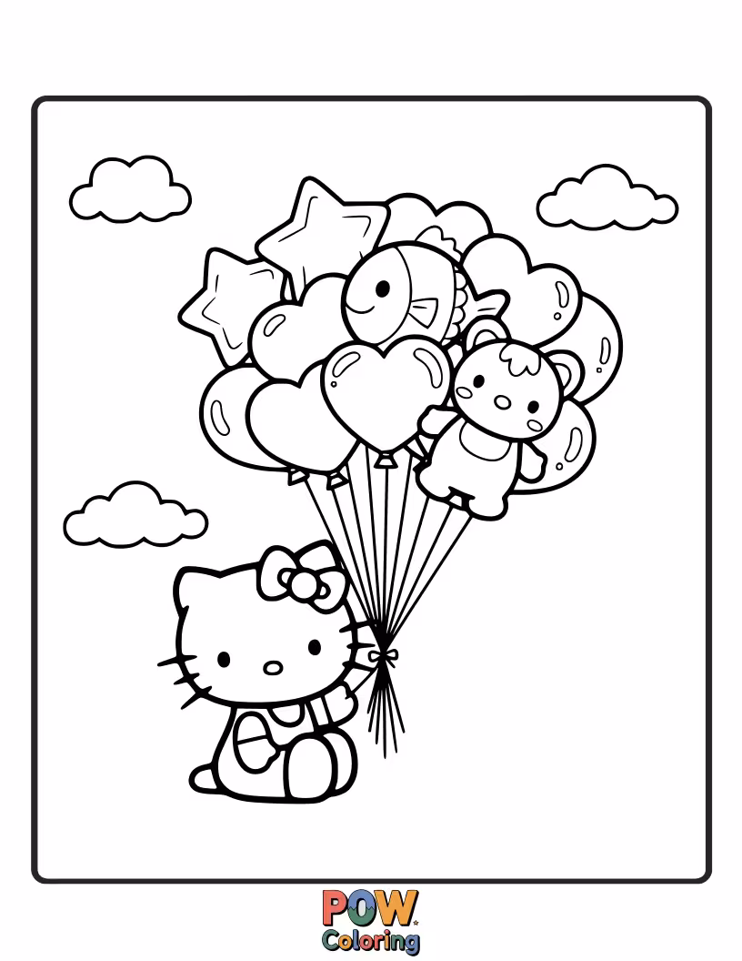 Free coloring page of Hello Kitty holds a vibrant bunch of colorful balloons, like a cheerful bouquet for a special friend.