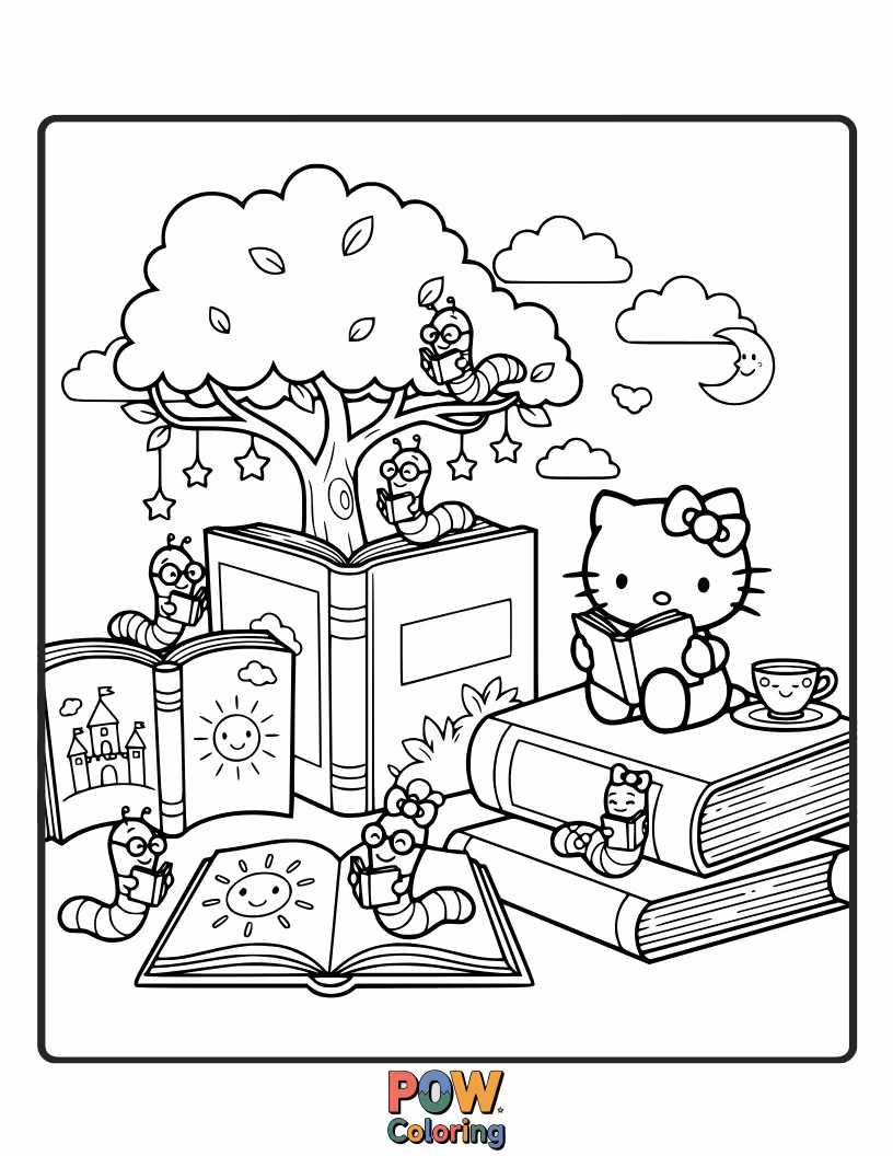Free coloring page of Surrounded by towering stacks of books, Hello Kitty enjoys a quiet afternoon lost in captivating literary worlds.