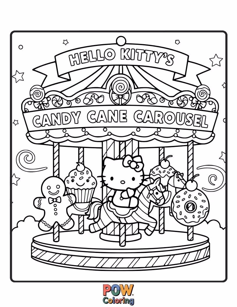 Free coloring page of Hello Kitty rides on a whimsical carousel adorned with colorful candy canes, twirling with joyous delight.