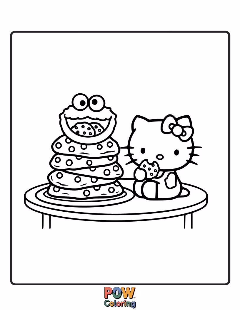 Free coloring page of Hello Kitty playfully pretends to be a cookie monster, reaching for a giant, tempting cookie with a mischievous grin.