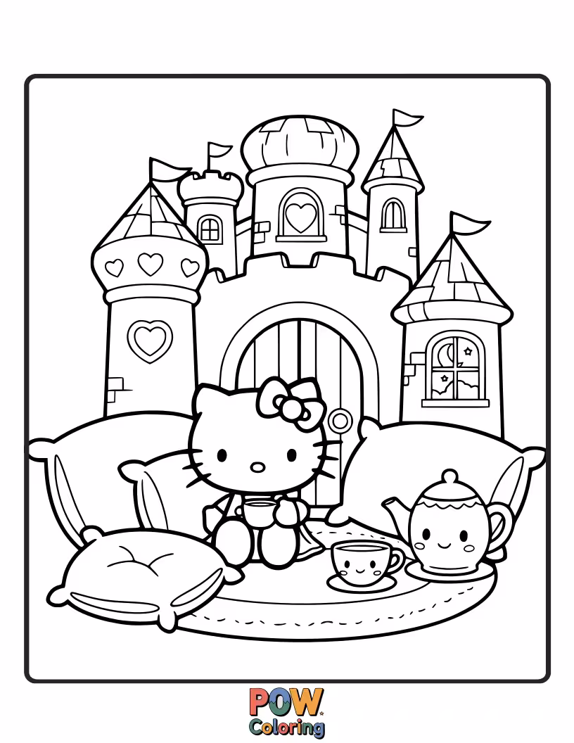 Free coloring page of Hello Kitty relaxes in a miniature, pastel castle, surrounded by fluffy cushions and sweet, comforting dreams.