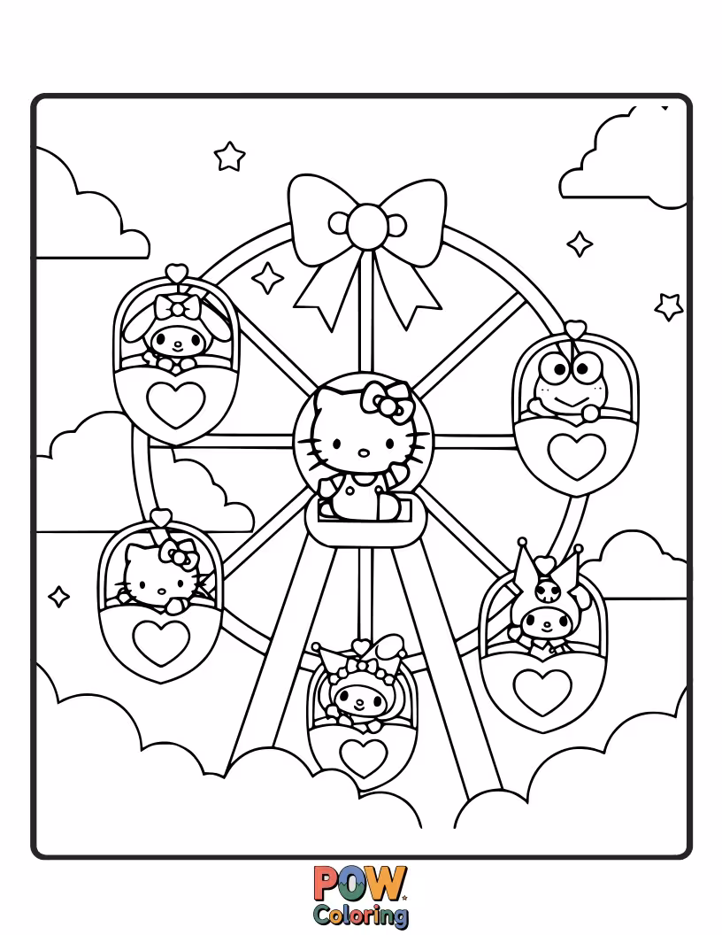 Free coloring page of Hello Kitty giggles from the top of the Ferris wheel, enjoying the magical view of the carnival lights.