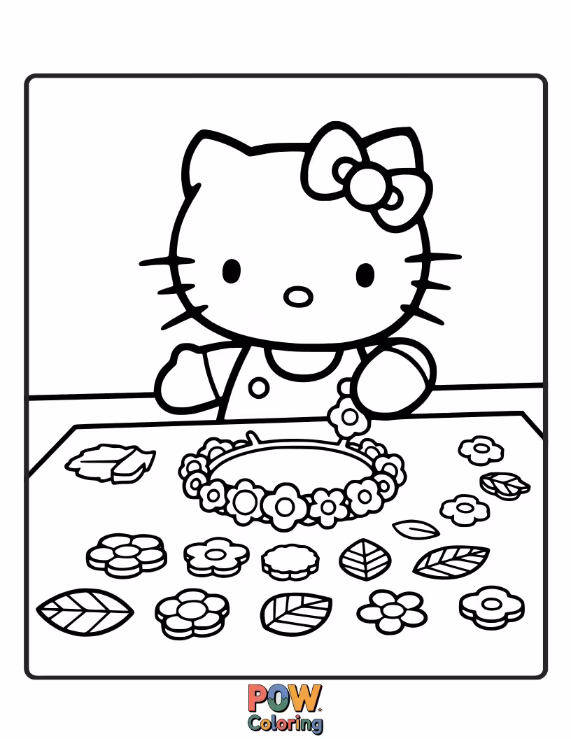 Free coloring page of Adorning her ears with a delicate flower crown, Hello Kitty smiles amongst a meadow of blooming, colorful wildflowers.