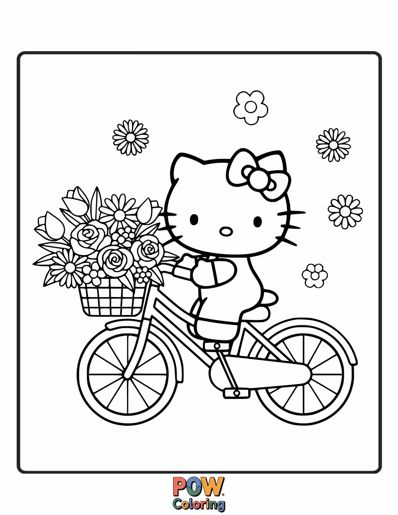 Free coloring page of With a bouquet of cheerful daisies, Hello Kitty delivers happiness and a sweet smile to a special recipient.