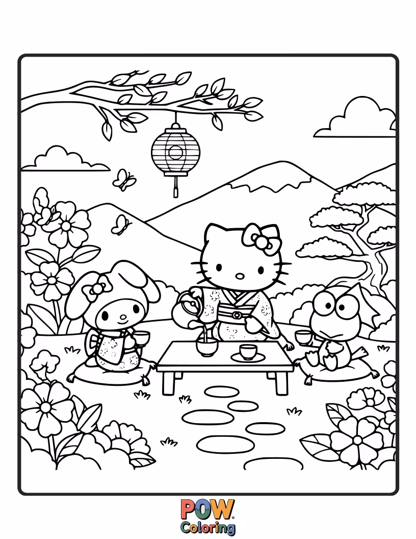 Free coloring page of Hello Kitty pours delicate tea for her garden gnome friends amidst a serene and beautiful blooming landscape.