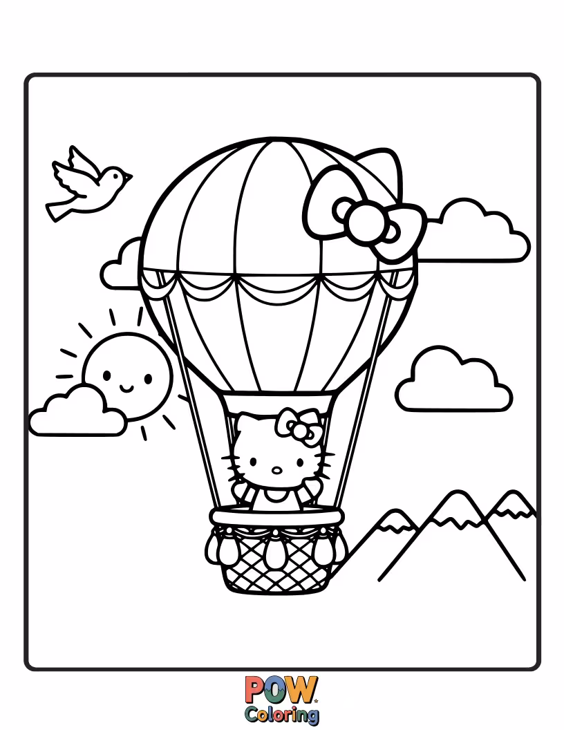 Free coloring page of Floating gently above the clouds, Hello Kitty waves from her colorful hot air balloon, enjoying the panoramic view.