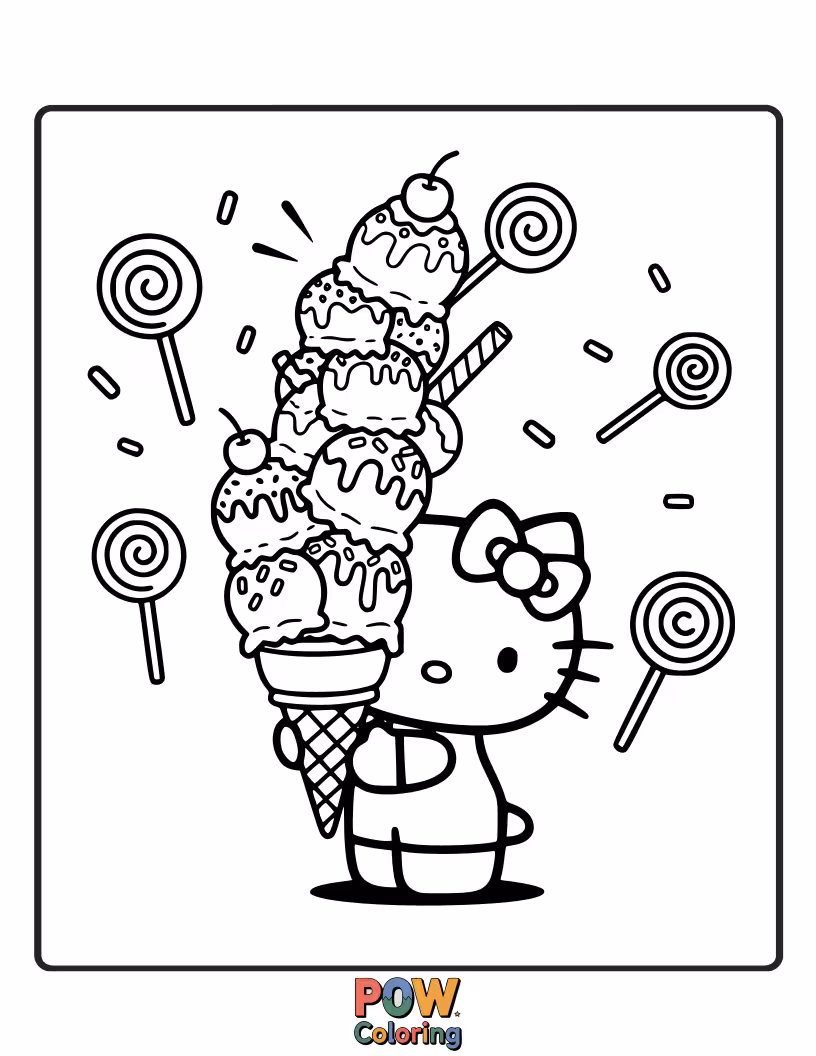 Free coloring page of Hello Kitty is so excited about her giant, rainbow ice cream cone, she's about to take a big, happy lick!