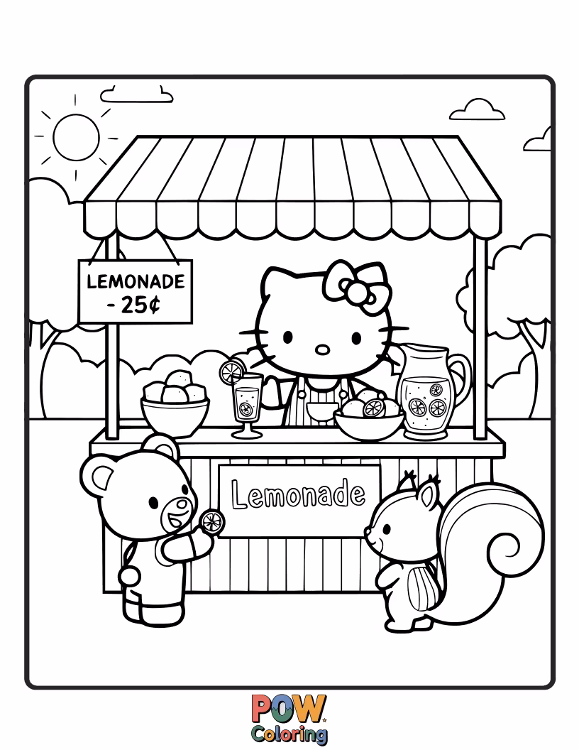 Free coloring page of Hello Kitty proudly serves refreshing cups of lemonade from her charming, hand-painted stand to happy customers.