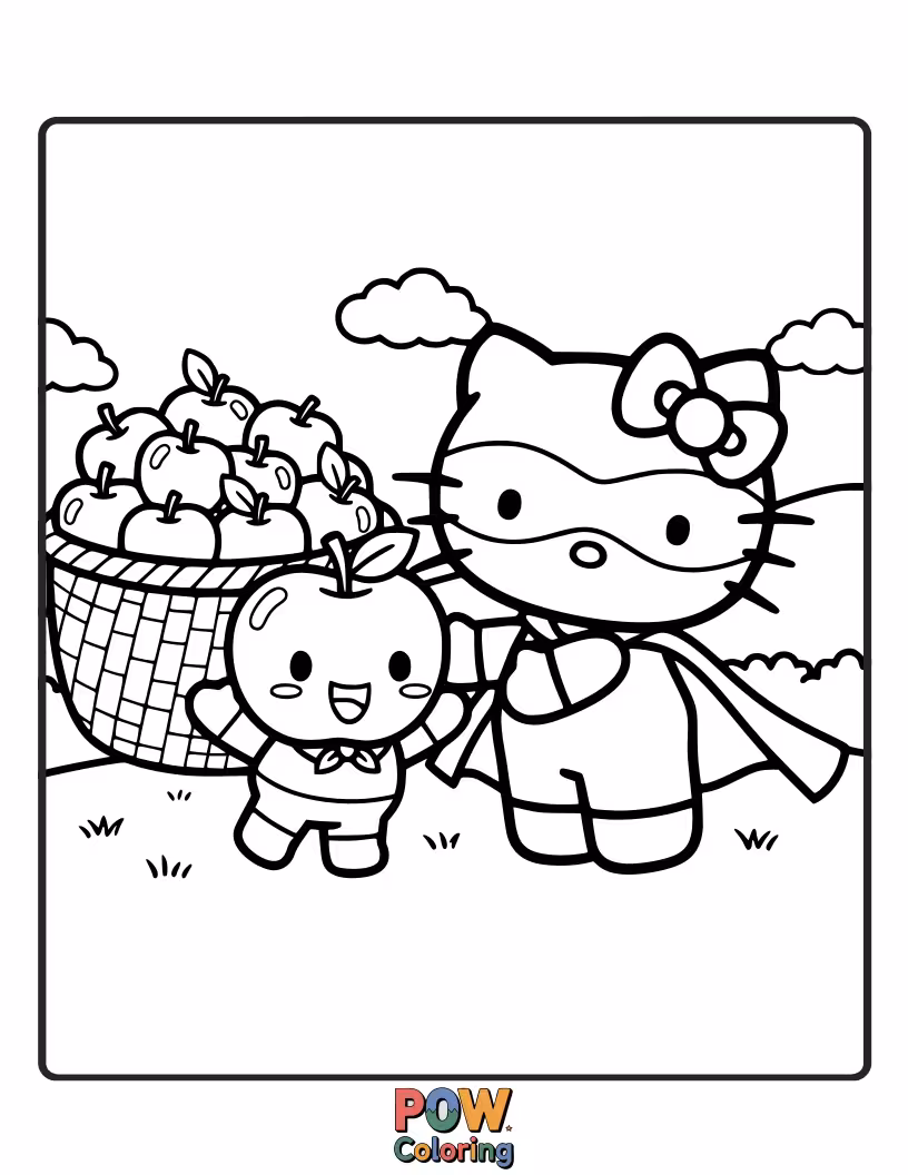 Free coloring page of Hello Kitty happily assists with chores, her cheerful disposition making even the most mundane tasks fun.