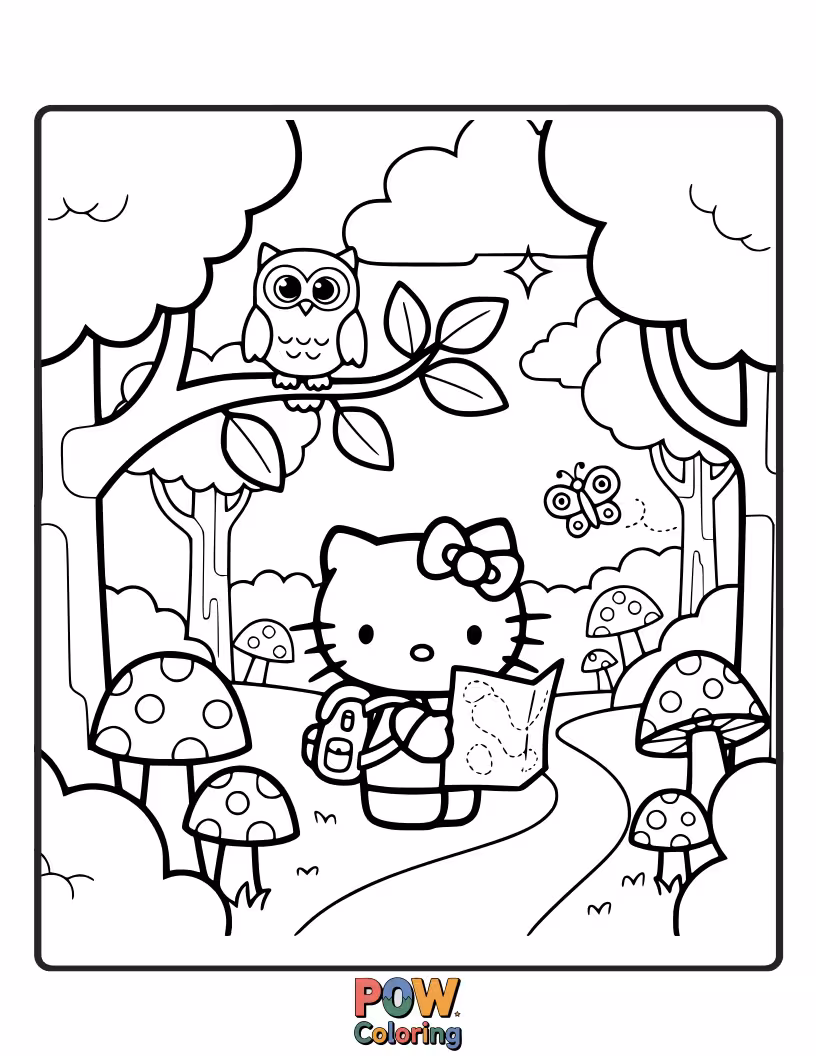 Free coloring page of Hello Kitty embarks on an enchanting journey through a whimsical forest filled with glowing mushrooms and friendly fairies.
