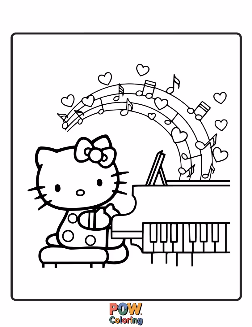 Free coloring page of With a cheerful grin, Hello Kitty plays her ukulele, filling the air with sweet, happy tunes for everyone.