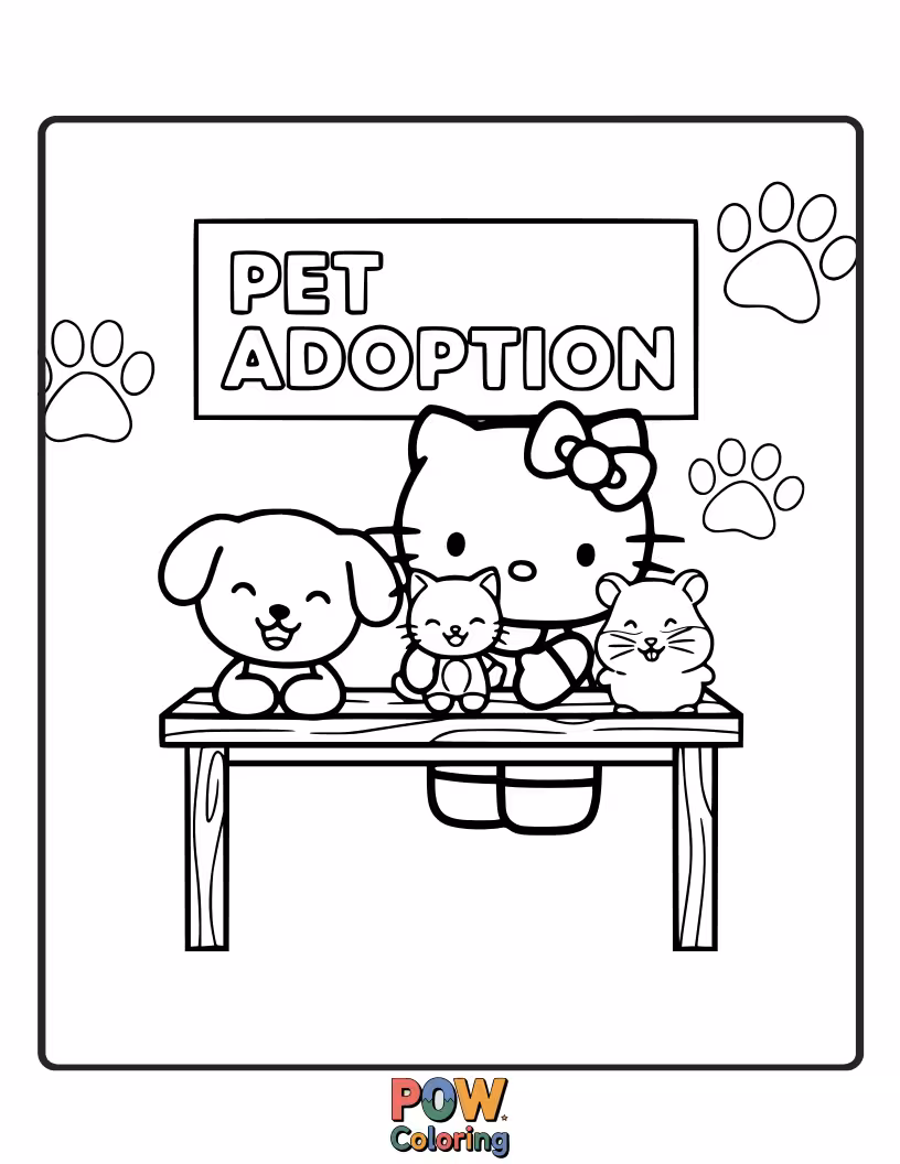 Free coloring page of Hello Kitty lovingly cuddles a tiny, adorable puppy and kitten, ready to give them a forever home.