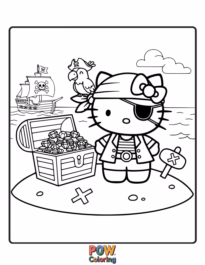 Free coloring page of With a tiny eye patch and a treasure map, Hello Kitty searches for hidden gold coins and sparkly gems.