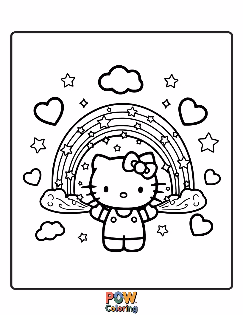 Free coloring page of Hello Kitty is showered with glittering rainbow sparkles, her face beaming with pure, joyful enchantment.