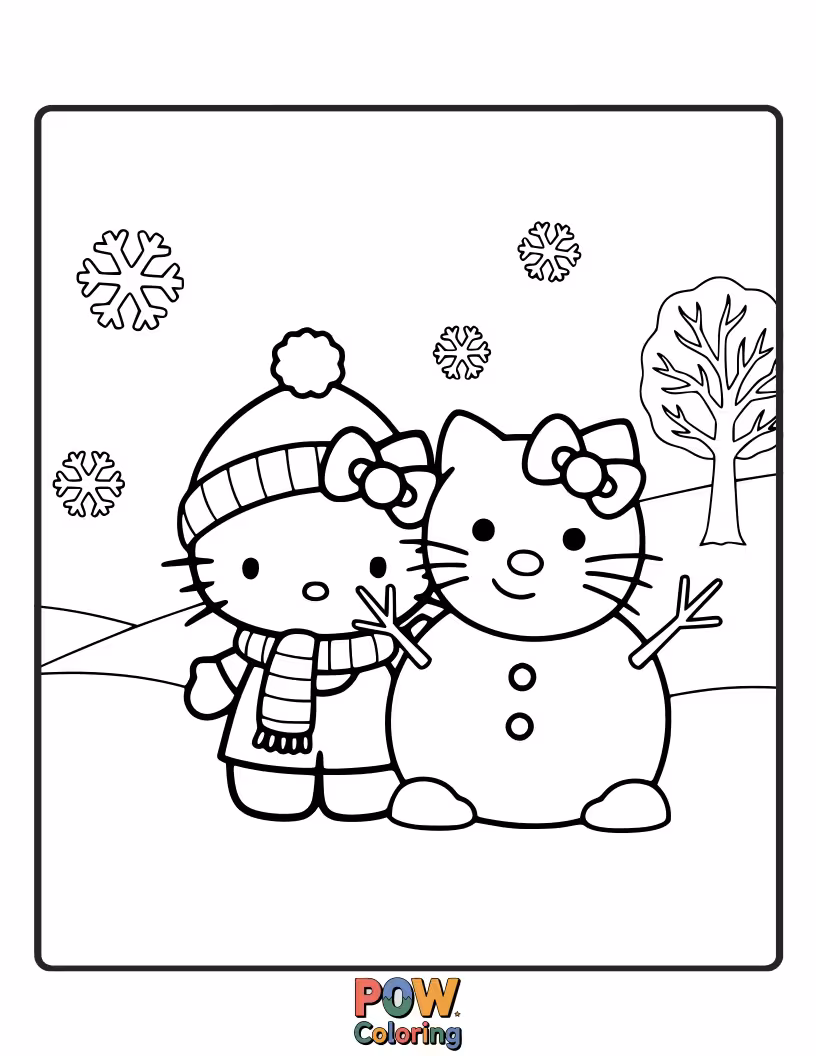 Free coloring page of Hello Kitty proudly admires her perfectly round snowman, complete with a carrot nose and button eyes.