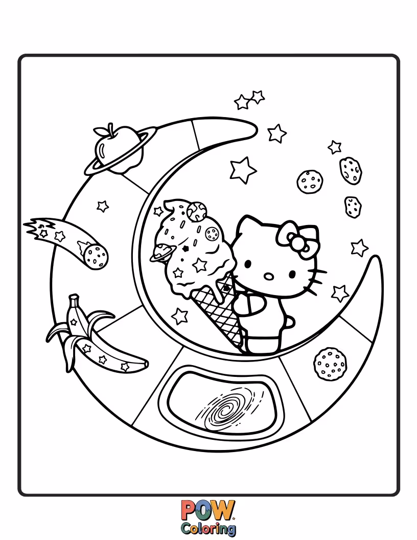 Free coloring page of Hello Kitty enjoys a cosmic cookie while floating amongst playful planets and twinkling stars in her spaceship.