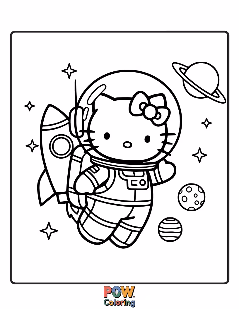Free coloring page of Floating among the stars, Hello Kitty sports a cute astronaut helmet, ready to discover new cosmic wonders.