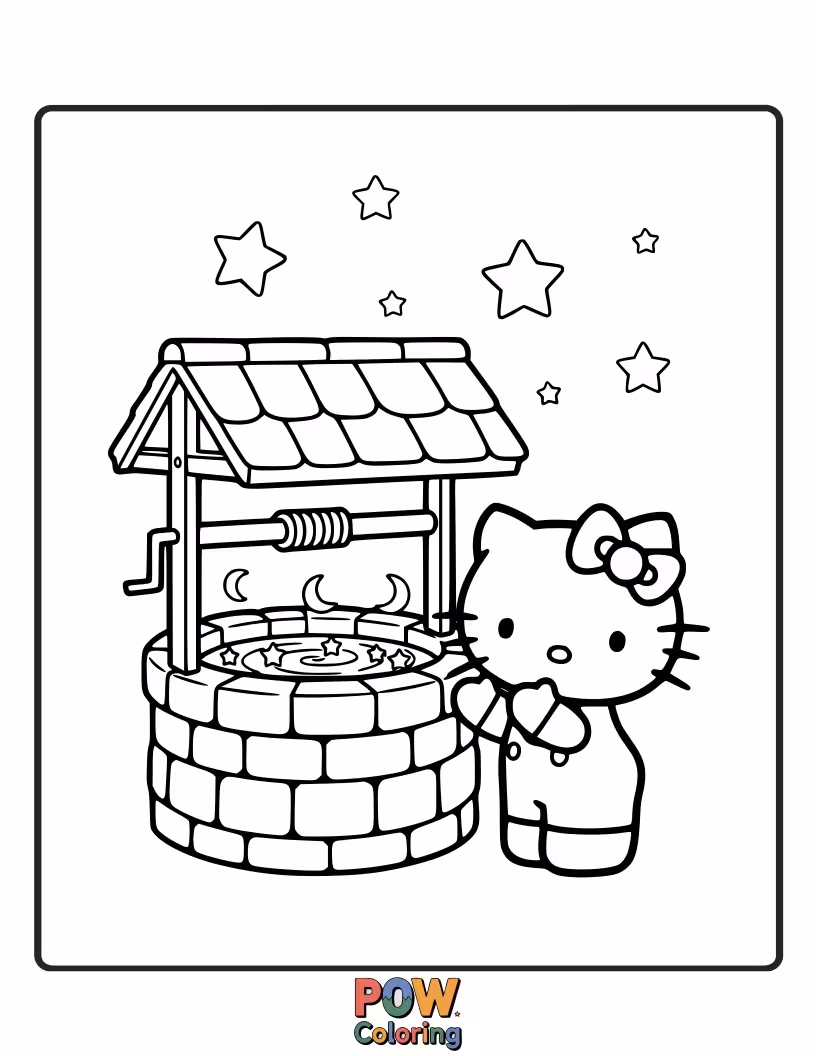 Free coloring page of Hello Kitty throws a coin into a magical wishing well under a sky filled with twinkling stars, hoping for sweet dreams.