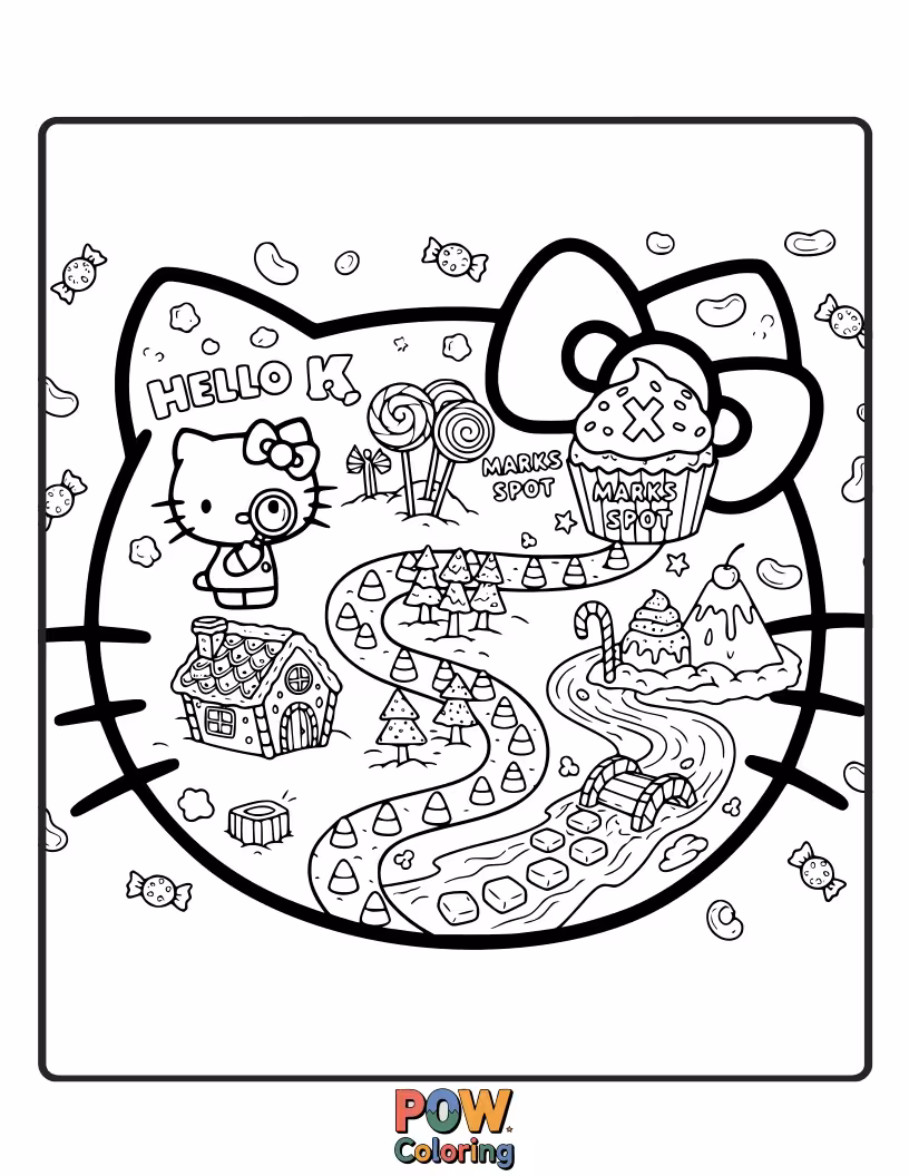 Free coloring page of Hello Kitty follows a whimsical treasure map leading to a chest filled with delicious candies and delightful surprises.