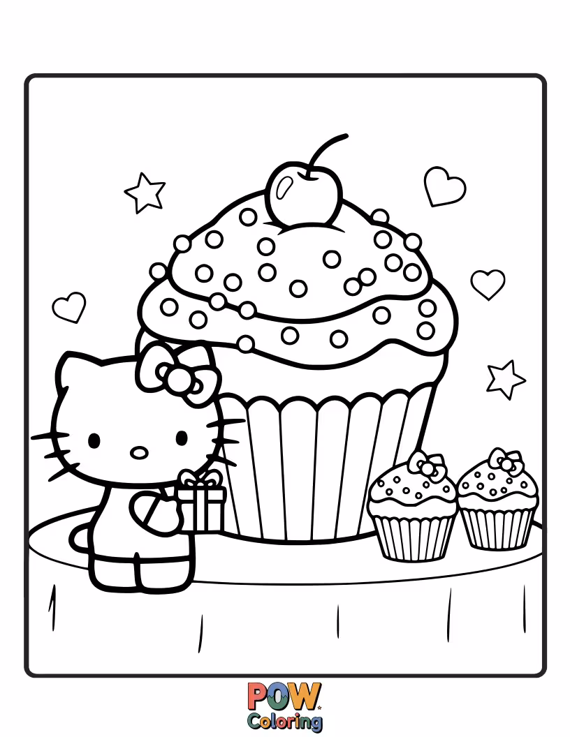 Free coloring page of Hello Kitty excitedly holds a beautifully wrapped present, ready to share her thoughtful gift with a dear friend.