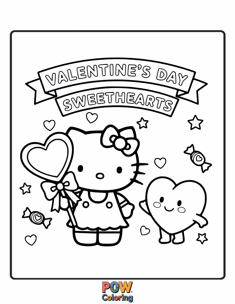 Free coloring page of With a heart-shaped cookie and a loving smile, Hello Kitty spreads Valentine's Day cheer with adorable affection.