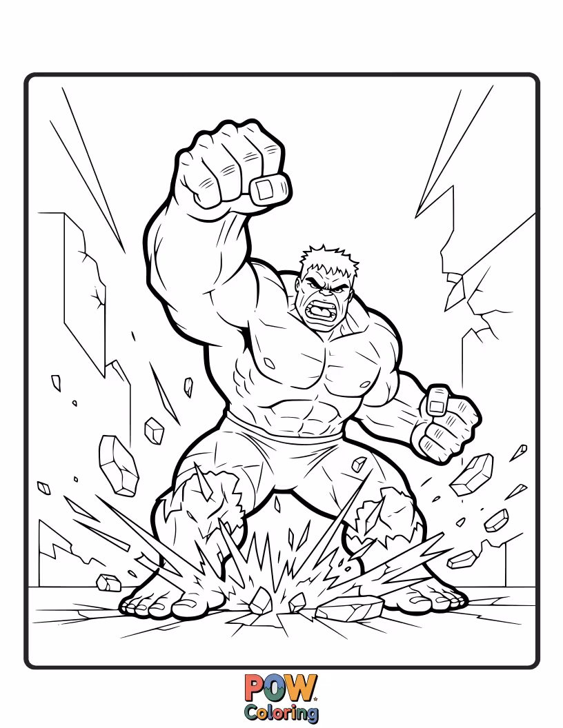 Free coloring page of A simplified, bold design of the Hulk's fist about to smash, with a clear impact zone.
