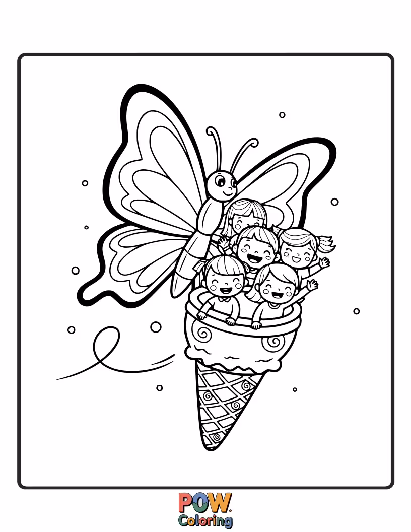 Free coloring page of A delighted butterfly with ice cream cone wings, taking a delicious ride down a rainbow slide.