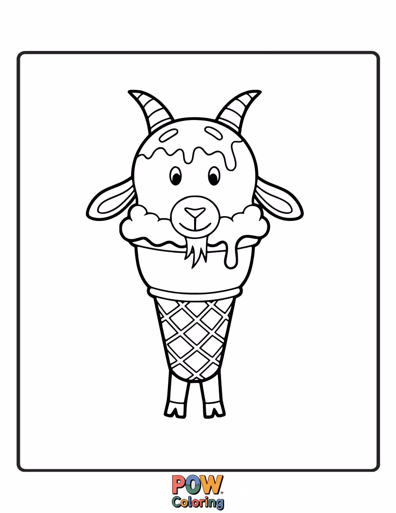 Free coloring page of A delightful goat with a giant, dripping ice cream cone, happily licking away on a sunny day.